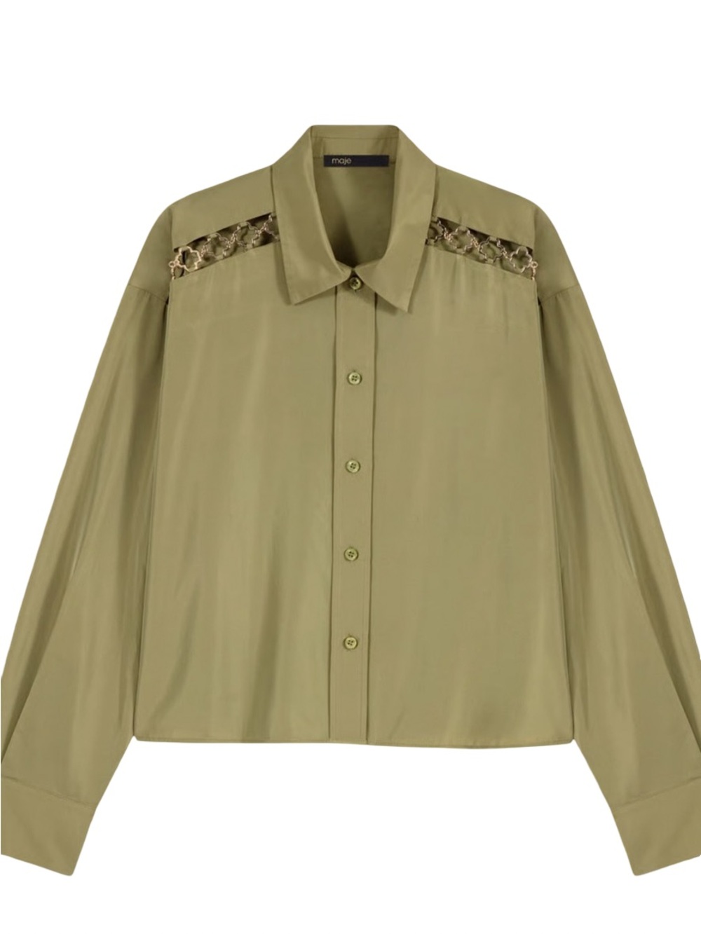 Maje Shiny Army Green Openwork Clover Trim Cropped Shirt 0